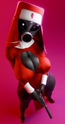 3d 5_fingers big_breasts black-skinned_female black_body black_eyes black_skin blender_(software) breasts calit00oo chest cleavage cleavage_cutout cleavage_overflow curvy female female_focus female_only from_above gas_mask glowing_eyes gun hi_res high_heels hips holding_gun humanoid large_breasts looking_at_viewer mask masked masked_female mature_female meh-chan_(lamoz571) nun nun_outfit red_high_heels red_nail_polish red_nails simple_background solo solo_female tagme voluptuous