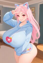 1girls ai ai2u ai_art ai_generated alternate_body_type big_breasts big_hips big_thighs blue_hoodie breasts breasts_bigger_than_head butt_cheeks cat_ears cat_girl catgirl curvy eddie_(ai2u) female heart_symbol hips hoodie huge_breasts human hyper_breasts light_skin long_hair long_hair_female long_sleeves looking_at_viewer neko neko_girl peace_sign pink_hair pink_hair_female smiling solo thick_thighs voluptuous