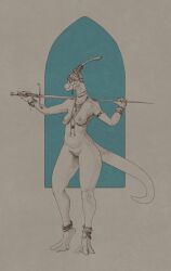 abstract_background absurd_res anklet anthro areola armlet biped bracelet breasts dinosaur female flowerdino full-length_portrait hadrosaurid hatching_(art) headdress hi_res jewelry looking_away melee_weapon mostly_nude navel nipples non-mammal_breasts ornithischian ornithopod parasaurolophus portrait prehistoric_species reptile restricted_palette scalie shaded smile solo standing sword tail weapon