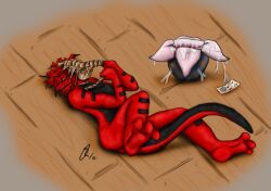 2010 aemi alien_(franchise) anthro black_body black_skin blood bodily_fluids digital_drawing_(artwork) digital_media_(artwork) facehugger furx_(character) lizard lying male nude on_back red_body red_skin reptile scalie signature solo what