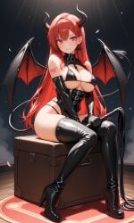 ai_generated arm_tattoo bare_shoulders between_breasts bikini black_bikini black_footwear black_gloves black_legwear black_thighhighs blush boots breasts cleavage closed_mouth clothing corset demon_girl demon_horns demon_tail demon_wings dominatrix earrings elbow_gloves female female footwear gloves hair_ornament hairclip heart_tattoo high_heel_boots high_heels highleg holding holding_whip horns jewelry large_breasts latex latex_gloves legwear long_hair looking_at_viewer mole mole_on_breast mole_under_eye red_eyes red_hair shoes shoulder_tattoo sitting skindentation smile solo string_bikini swimsuit tail tattoo thigh_boots thighhighs thighs very_long_hair whip wings