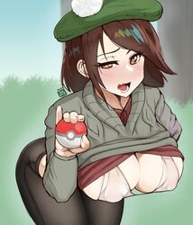 1girls 2019 aged_up alternate_breast_size big_breasts blush breasts cleavage dated eye_contact female female_only gaikiken gloria_(pokemon) half-closed_eyes heart heart-shaped_pupils horny huge_breasts human human_only large_breasts looking_at_viewer nintendo older open_mouth pokemon pokemon_ss solo text watermark wide_hips