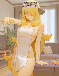 1futa 2025 ai_generated artist_name blonde_hair breasts bust chest cynthia_(pokemon) futanari hair_ornament hair_over_one_eye hi_res high_quality high_resolution highres indoors intersex long_hair nintendo novalust nude nude_cover patreon patreon_username pointing pokemon solo stable_diffusion towel very_long_hair watermark