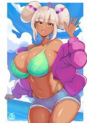 1girls :d bare_thighs bikini breasts cleavage dark-skinned_female dark_skin double_bun female female_only green_bikini green_swimsuit grey_hair hololive hololive_english hololive_english_-council- huge_breasts jacket long_sleeves looking_at_viewer navel open_mouth outdoors revolverwingstudios short_hair short_shorts shorts sideboob smile solo stomach swimsuit thighs tsukumo_sana waving waving_at_viewer wide_hips yellow_eyes