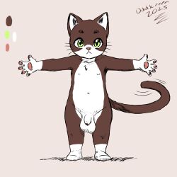 1:1 anthro balls big_balls biped black_body black_fur domestic_cat felid feline felis flaccid foreskin fur genitals glans green_eyes humanoid_genitalia humanoid_penis looking_at_viewer male mammal navel nude oddscreen pawpads paws penis short_stack solo t-pose tail tuxedo_cat uncircumcised white_body white_fur