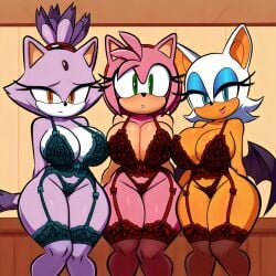 3girls ai_generated amy_rose bat blaze_the_cat blue_eyes blue_eyeshadow blue_lingerie bob_cut feline female furry furry_female green_eyes hedgehog indoors lingerie nervous orange_eyes pink_fur pink_lipstick pixai ponytail purple_fur red_hairband red_hairtie red_lingerie rouge_the_bat shy simple_background smug sonic_(series) sonic_the_hedgehog_(series) suprised white_fur