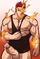 1boy absurdres bara biceps big_penis black_tank_top boku_no_hero_academia bottomless burning endeavor_(boku_no_hero_academia) english_commentary erection fiery_hair fire highres kuroshinki large_penis looking_at_viewer male male_focus male_only muscular muscular_male my_hero_academia pectorals penis precum red_hair scar scar_across_eye scar_on_face signature tank_top veins veiny_arms veiny_penis yaoi