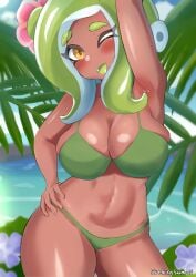 1girls armpit artist_signature beach big_breasts bikini bikini_bottom bikini_top blush blushing_at_viewer breasts cleavage curly_hair detailed_background fangs female flower_in_hair flowers flowers_in_background foliage green_bikini green_hair hand_on_hip looking_at_viewer midriff navel nintendo ocean octoling octoling_girl open_mouth palm_leaf palm_tree skankingsalmonid smile smiling_at_viewer solo spillage splatoon splatoon_(series) thick_thighs thighs water wink winking_at_viewer