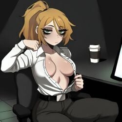 ai_generated black_pants blonde_hair breasts clothed coffee coffee_cup collared_shirt eyebags eyelashes five_nights_at_freddy's five_nights_at_freddy's:_security_breach green_eyes looking_at_viewer night no_bra office_chair opened_shirt pixai ponytail screen security_guard security_uniform showing_breasts showing_off sitting sitting_in_chair tile_floor tired tucked_shirt vanessa_(fnaf) white_shirt