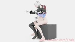 1futa 1girls 1pala 3d animated assisted_masturbation brown_hair d.va duo feet female from_behind futa_on_female futanari handjob intersex legs masturbation nier:_automata no_sound overwatch partially_clothed video white_hair yorha_2b