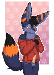 2019 absurd_res animal_genitalia animal_penis anthro blue_fur blush bottomless canid canine canine_penis clothed clothing erection fennec fox fur hair hi_res kemono male male_only mammal multicolored_fur orange_fur penis sidnithefox simple_background smaller_version_at_source smile solo stack_(character) standing