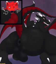 2019 anthro anus ass austrum balls big_butt canid canine dragon fox fur furred_dragon hi_res horn looking_back male mammal musk nude scalie simple_background sweat wings yaoi