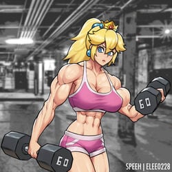 1girls abs biceps blonde_hair breasts cleavage crown curvy dumbbell earrings elee0228 eyebrows_visible_through_hair female female_only lifting_weights light-skinned_female light_skin lips mario_(series) muscles muscular muscular_female nintendo pink_shorts pink_sports_bra ponytail princess_peach sefuart shorts solo sports_bra sportswear workout