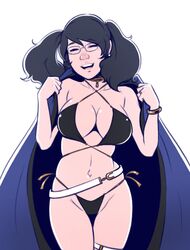 belt bethany_ashford bikini black_bikini black_hair broken_hilt_inn cape choker dave_cheung glasses large_breasts long_hair loose_belt navel side-tie_bikini smile thigh_gap twintails