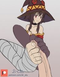 bandaged_leg bandages black_stockings clothed_female dr-alu feet female foot_fetish footjob footjob_with_legwear kono_subarashii_sekai_ni_shukufuku_wo! male megumin penis red_eyes stockings toeless_legwear toes witch witch_hat