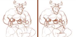 2018 anthro anthro_on_anthro antlers biceps body_hair cervid cervine chest_hair clothed clothing dumbbell duo ear_piercing ear_ring exercise fully_clothed hair hi_res horn howz lance_(howz) male mammal muscular muscular_male pecs piercing shirt shorts simple_background sketch smile tank_top tenting topless weightlifting weights white_background workout yaoi