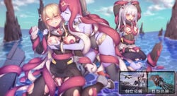 3girls absurdres aircraft airplane barefoot black_jacket black_legwear blonde_hair blue_skin blush bondage breast_grab breasts censored clenched_teeth closed_eyes cloud cloudy_sky commentary day ear_licking essex_(warship_girls_r) female_tentacle fish_girl flower gloves grabbing hair_flower hair_ornament highres holding jacket lexington_(warship_girls_r) licking long_hair monster_girl multiple_girls nipples ocean octopus pussy rape ray_(pixiv9514208) restrained scylla shipwreck short_hair skirt sky teeth tentacle thighhighs tongue tongue_out torn_clothes torn_legwear translation_request warship_girls_r water white_gloves white_hair yuri