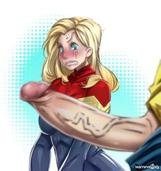 1boy 1girls angry artist_name blonde_hair blue_eyes blush bodysuit breasts captain_marvel carol_danvers clenched_teeth clothed clothing female hair huge_penis kamina1978 long_hair looking_at_penis male marvel penis penis_awe penis_out scared teeth text uniform veins veiny_penis watermark