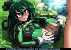 1boy 1boy1girl 1girls anus ass_grab bodysuit boots clothed_female_nude_male clothing female female_focus flexible frog_girl gloves green_eyes green_hair hair hero_outfit_(mha) imminent_sex male my_hero_academia patreon penis_shadow presenting presenting_anus presenting_pussy pussy ripped_clothing seductive shadow sirwogdog solo_focus text torn_clothes tsuyu_asui uniform url watermark