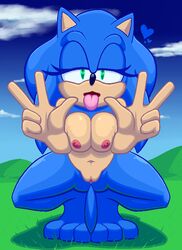 <3_eyes 1girls 3_toes bimbo breasts cloud crouching eulipotyphlan eyelashes female fur furry furry_only grass green_eyes half-closed_eyes heart hedgehog looking_at_viewer mammal naked navel nipples nude open_mouth outside paws pussy rule_63 seductive solo sonic_(series) sonic_the_hedgehog sonique_the_hedgehog tail thanu thick_thighs toes tongue tongue_out v_sign