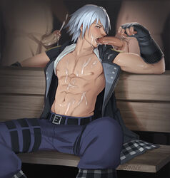 3boys abs blowbang blowjob cum cum_on_body ejaculation erection fellatio gay kingdom_hearts licking male_focus male_only multiple_boys muscle oral oral_sex orgasm penis riku shirt_pulled_behind_neck silver_hair sitting solo_focus threesome undressing vinnyboi vinnyboinsfw yaoi