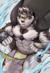 abs anthro armwear balls belt black_fur black_nose blush body_hair canid canine canis chest_hair chest_tuft clothed clothing clothing_lift coat coat_cape flaccid fur headband hi_res horkeukamui humanoid_penis kemono loincloth male male_only mammal multicolored_fur muscular muscular_male navel nipples open_coat open_mouth penis solo taki_kaze teeth tokyo_afterschool_summoners tuft uncut vambrace video_games white_fur wolf yellow_eyes