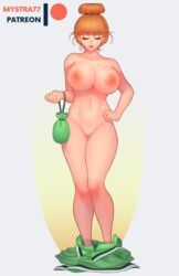 areolae asterix_and_obelix big_breasts bimbo breasts clothes_down earrings eyebrows_visible_through_hair female female_only green_shirt hair_bun hand_on_hip handbag mrs._geriatrix mystra77 nude orange_hair pussy solo