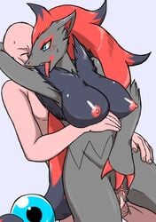 2019 anthro anthro_penetrated blush breasts canid canine claws female fur grey_fur hair human human_on_anthro human_penetrating_anthro interspecies male male_human/female_anthro male_human/female_pokemon mammal nintendo nipples nude penetration penile_penetration penis pokémon_(species) pokemon pokemon_(species) pussy pussy_juice sex straight tarian tongue vaginal_penetration video_games zoroark