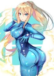 1girls ass blonde_hair blue_eyes bodysuit boobs_and_butt_pose breasts color eschergirl female female_only large_breasts long_hair looking_at_viewer metroid nintendo ponytail racket_ti1 samus_aran sidelocks skin_tight solo super_smash_bros. tight_clothing tight_fit zero_suit zero_suit_samus