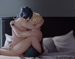 2boys anal artist_request bed bedroom black_hair blonde_hair closed_eyes final_fantasy final_fantasy_xv gay male male/male male_focus male_only multiple_boys noctis_lucis_caelum nude penetration pillow prompto_argentum sex sitting straddling yaoi