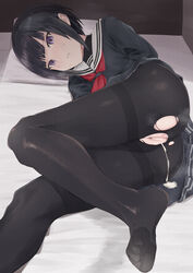 after_sex ass bangs be9459 be_(bbbbbbbbbe434) bed black_hair black_legwear black_serafuku black_skirt blunt_bangs blush commentary_request crying cum cum_in_pussy cumdrip eyebrows_visible_through_hair female highres idolmaster idolmaster_cinderella_girls idolmaster_cinderella_girls_starlight_stage long_sleeves looking_at_viewer lying on_side pantyhose parted_lips purple_eyes school_uniform serafuku shirayuki_chiyo short_hair skirt solo streaming_tears tears thighband_pantyhose toes torn_clothes torn_legwear