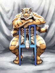 2023 abs anthro balls biceps blep bodily_fluids chair dripping felid foreskin fruitz furniture genital_fluids genitals hi_res looking_at_viewer male male_only mammal manly mature_male muscular muscular_legs navel on_chair pantherine penis precum precum_drip pubes sitting smile solo spread_legs spreading striped_body stripes tiger tongue tongue_out triceps vein veiny_penis