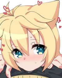 1boy all_the_way_to_the_base animal_ears black_pants blonde_hair blue_eyes blush bulge cat_ears close-up cute deepthroat eyebrows_visible_through_hair face fellatio female fringe gj-bu hair_between_eyes hair_flaps heart kirara_bernstein kuro_mushi looking_at_viewer nose_blush open_fly oral pants pov short_hair solo_focus sweat teenager trembling