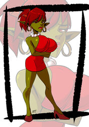 2019 big_breasts breasts commission earrings female female_only goblin goblin_female green_skin kukuruyo lipstick necklace ponytail red_eyes red_hair short_skirt shortstack solo solo_female