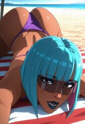 ai_generated ass ass_up beach bikini brown_skin close-up dark-skinned_female dispatch dispatch_(game) focus_on_face glasses looking_at_viewer lying_on_stomach miaau prism sunlight