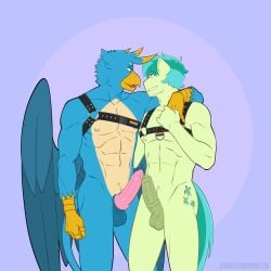 1:1 abs animal_genitalia animal_penis anthro avian balls blue_body body_harness countershade_torso countershading cutie_mark duo earth_pony equid equine equine_genitalia equine_penis erection friendship_is_magic gallus_(mlp) genitals green_body gryphon harness hasbro hi_res horse knot lgbt_pride male male/male mammal medial_ring muscular muscular_male my_little_pony mythological_avian mythological_creature mythology nude nude_anthro nude_male penis pony pride_colors purple_background rainbow_flag rainbow_pride_flag rainbow_symbol sandbar_(mlp) shallowwin simple_background tail talon_hands touching_penis turquoise_hair