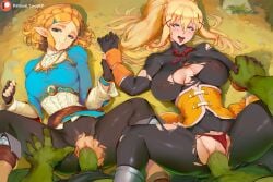 2boys 2girls ahegao ai_generated blonde_female blonde_hair blue_eyes blush darkness_(konosuba) female genitals green_eyes green_skin holding_hands kono_subarashii_sekai_ni_shukufuku_wo! legs_apart legs_spread looking_back lucakp male moaning monster monster_cock monster_on_female nipples_visible_through_clothing orc orc_male patreon patreon_link patreon_logo patreon_reward patreon_url patreon_username penis ponytail princess_zelda pussy ripped_clothing ripped_pantyhose short_hair tagme the_legend_of_zelda vagina vaginal vaginal_penetration vaginal_sex zelda_(tears_of_the_kingdom)