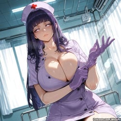 1girl adjusting_gloves ai_assisted ai_generated bangs blunt_bangs blush breasts cleavage curtains curvaceous curvy curvy_female curvy_figure dress female gloves hat huge_breasts hyuuga_hinata indoors long_hair looking_at_viewer miyuai mole_on_breast naruto_(series) nurse nurse_cap purple_eyes purple_gloves purple_hair smile solo thick thick_ass thick_butt thick_hips thick_legs thick_thighs voluptuous voluptuous_female wide_hips wide_thighs window