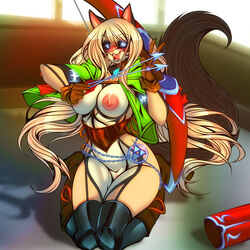 angel_kryis anthro arrow black_fur blue_eyes blush bow_(weapon) breasts claws clothed clothing cosplay crystal-for-ever felid feline female female_only fluffy fluffy_tail fur genitals gloves glowing glowing_eyes holding holding_weapon makeup makeup_running multicolored_fur nintendo nipples open_mouth open_smile partially_clothed pink_fur pussy smile teeth the_legend_of_zelda tongue tongue_out