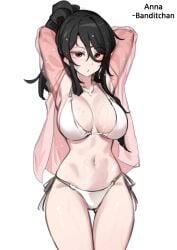 bandit-chan_(k0ng) black_hair hourglass_figure hourglass_figured_female k0ng looking_at_viewer pink_topwear red_eyes swimwear wet_clothes wet_skin white_background white_body