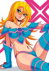 1girls bare_shoulders blonde_hair blush_stickers dark_magician_girl female female_only green_eyes king_sherbet long_hair looking_at_viewer midriff solo thighhighs yu-gi-oh! yu-gi-oh!_duel_monsters