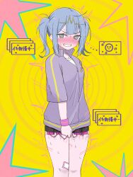 1girl 1girls blush clentched_teeth clothed clothed_female clothing embarrassed female female_focus female_only fully_clothed hatsune_miku japanese_text pulling_clothing pulling_own_clothes skirt solo solo_female star sweat tagme tagme_(artist) teeth teeth_clenched teeth_showing telepathy_(vocaloid) text trembling twintails vibrator vibrator_cord vibrator_in_pussy vibrator_under_clothes vocaloid yellow_background