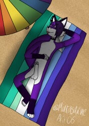 4_toes 5_fingers anthro balls beach beach_umbrella canid canine choker dark_body dark_fur ear_piercing eyebrow_piercing facial_piercing feet femboy fingers fox fur gay_symbol_tattoo genitals hair heart_chain_tattoo heart_choker hi_res humanoid_genitalia humanoid_penis jewelry lgbt_pride lgbt_pride_month lying male mammal murasakine_aki murasakine_fox necklace on_back parasol penis piercing pride_color_flag pride_colors purple_body purple_eyes purple_fur purple_hair sand solo toes tongue tongue_out vincian_pride_colors white_body white_fur