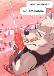 anthro beach big_penis biped bodily_fluids canid canine canis cliff clothing cum cumshot ejaculation exsys flip_flops footwear fur genital_fluids genitals grey_body grey_fur licking licking_lips looking_at_viewer looking_back looking_back_at_viewer male mammal masturbation penile penile_masturbation penis public_masturbation red_eyes sandals shirt shoes solo standing tank_top tongue tongue_out topwear unzipped_shorts vein veiny_penis wolf