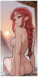 1girls ai_generated arched_back arm_support ass braid chainsaw_man female long_hair looking_at_viewer looking_back makima_(chainsaw_man) molamaxuy mountain naked nipples onsen orange_eyes outdoors partially_submerged perfect_body rear_view red_hair ringed_eyes shiny_skin sidelocks sitting skinny smile solo steam sunset wet
