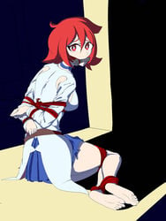 arms_behind_back barefoot bit_gag bondage bound bound_ankles bound_arms bound_legs female femsub gag gagged hand_behind_back little_witch_academia looking_at_viewer looking_back red_eyes red_hair red_rope restrained rope shiny_chariot side_boob skirt solo solo_focus tied_up