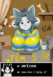 1girls absurd_res alexjoi anthro breasts breasts_bigger_than_head cute deltarune dialogue digital_media_(artwork) domestic_cat english_text feline female fur furry grey_fur hair hi_res huge_breasts large_breasts smile sweater temmie temmie_(deltarune) temmie_(species) temmie_(undertale) undertale undertale_(series) undertale_fanfiction