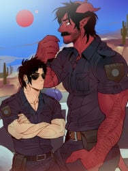 2boys arms_crossed black_hair body_hair bulge cactus chest_hair claws dark_hair demon desert dom earrings facial_hair frown gay hairy hairy_arms hand_in_pocket horns human incubus light_skin looking_to_the_side male male/male male_on_male male_only monster moustache muscles muscular muscular_male original_character outdoors pointy_ears police_car police_uniform red_skin s-13 size_difference sky stubble sunglasses suyohara the_devil_and_s-13 tight_clothing twitter_user_oc walkie_talkie yellow_eyes