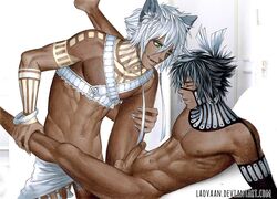 2boys abs black_hair cat_ears catboy erection gay green_eyes laosmut laovaan leg_grab leg_lift male_only muscles nipples penis white_hair yaoi