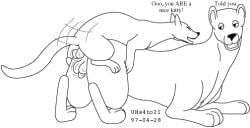 1997 anal anal_penetration animal_genitalia ball_size_difference balls black_and_white canid canine dated dialogue duo eyes_closed felid feline feral feral_on_feral fur genitals happy happy_sex humping interspecies larger_sub long_tail male male/male mammal monochrome penetration sex sheath simple_background size_difference smile submissive tail thrust_lines thrusting urbanhermit white_background